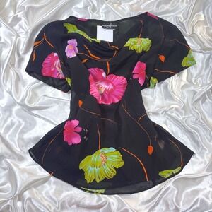 y2k Positive Attitude Blouse Black Excellent Sheer Floral Cowl Neck Top